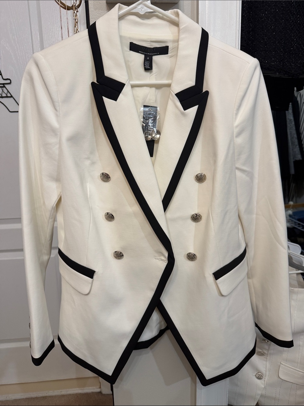 Express Ivory Double-Breasted Blazer with Black Trim